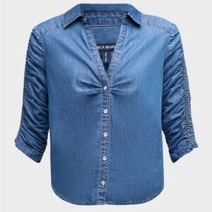 Veronica beard Denim Button-Front Ruched Sleeve Top